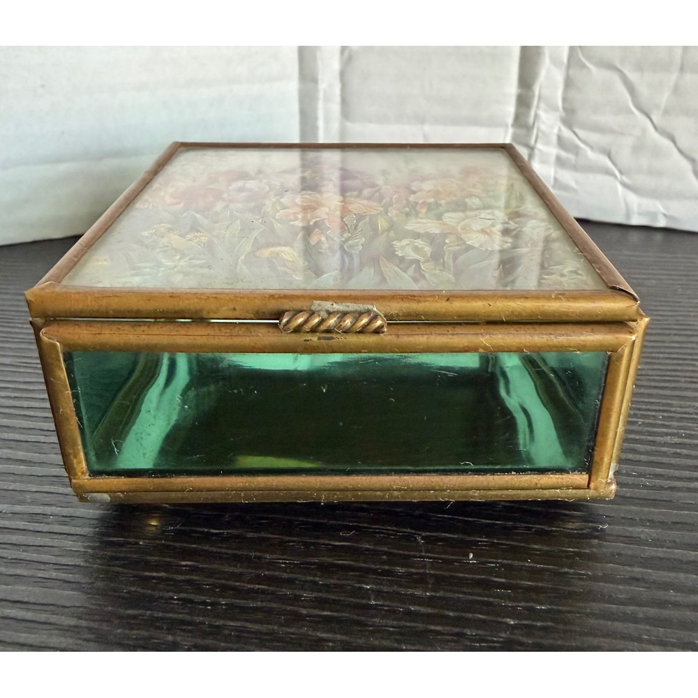 Vtg Enesco Floral Iris Brass Green Glass Trinket Jewelry Box Mirrored Base